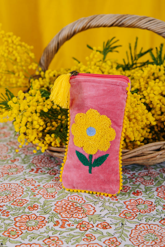 Velvet Flower Glasses Pouch - Pink & Yellow