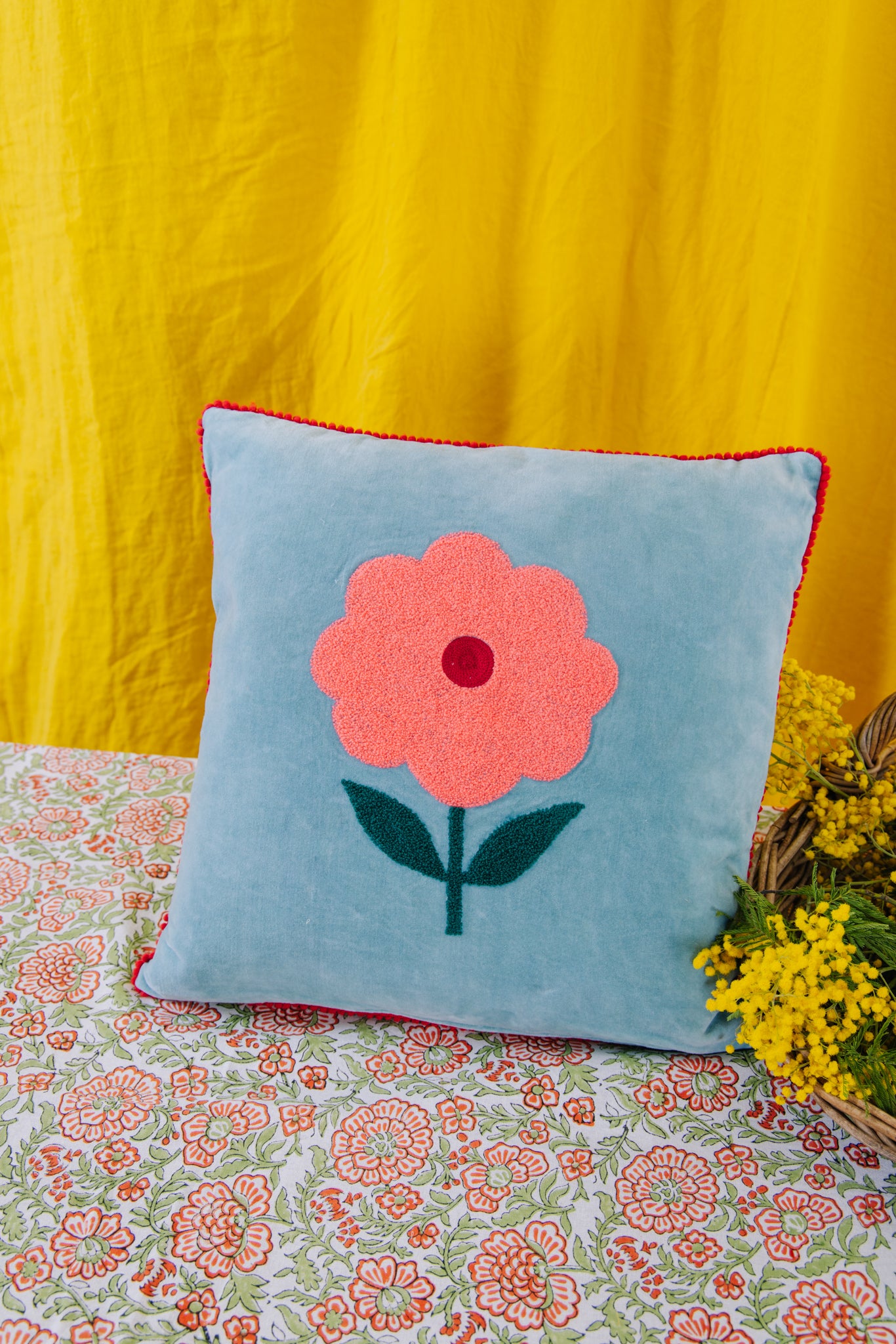 Velvet Flower Cushion - Aqua