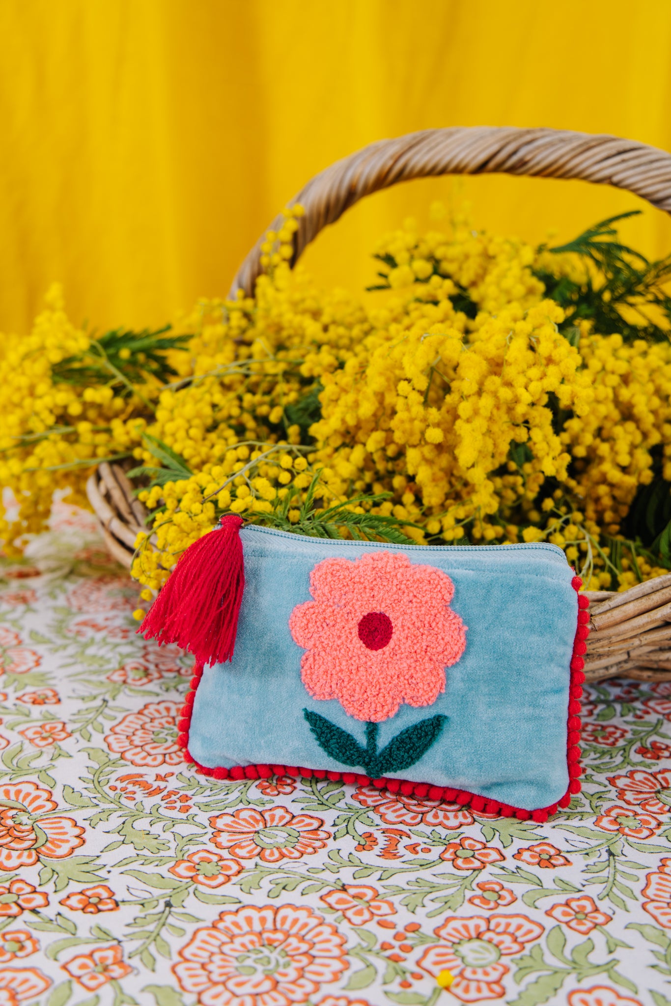 Velvet Single Flower Pouch in Aqua & Pink