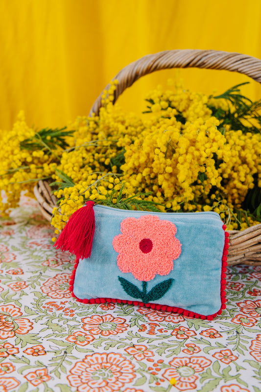 Velvet Single Flower Pouch in Pink & Aqua