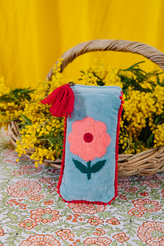 Velvet Flower Glasses Pouch-  Aqua