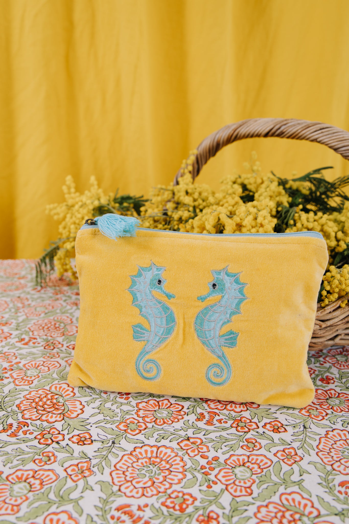 Velvet Seahorse Pouch in Yellow & Turquoise