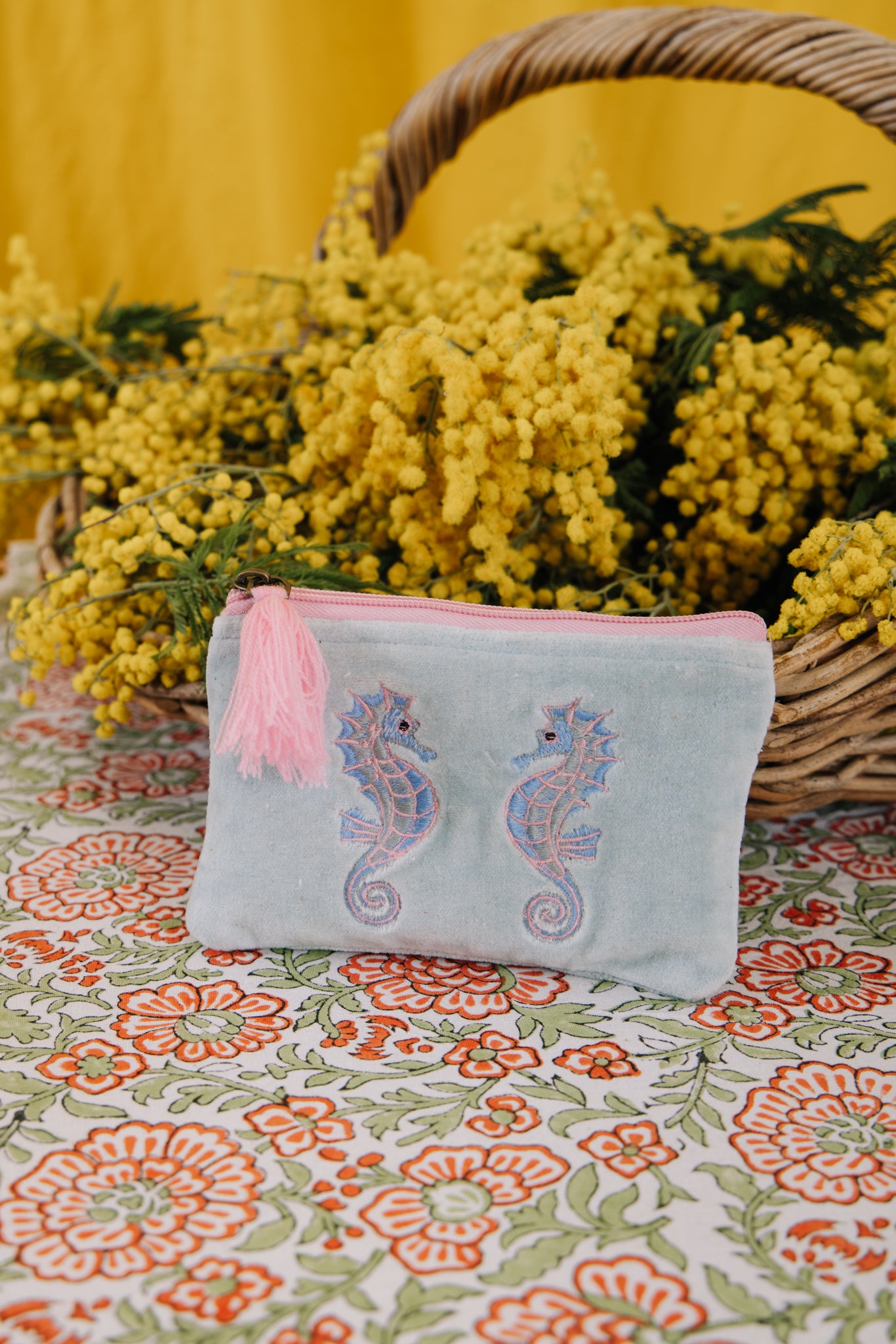 Velvet Seahorse Pouch in Aqua & Pink