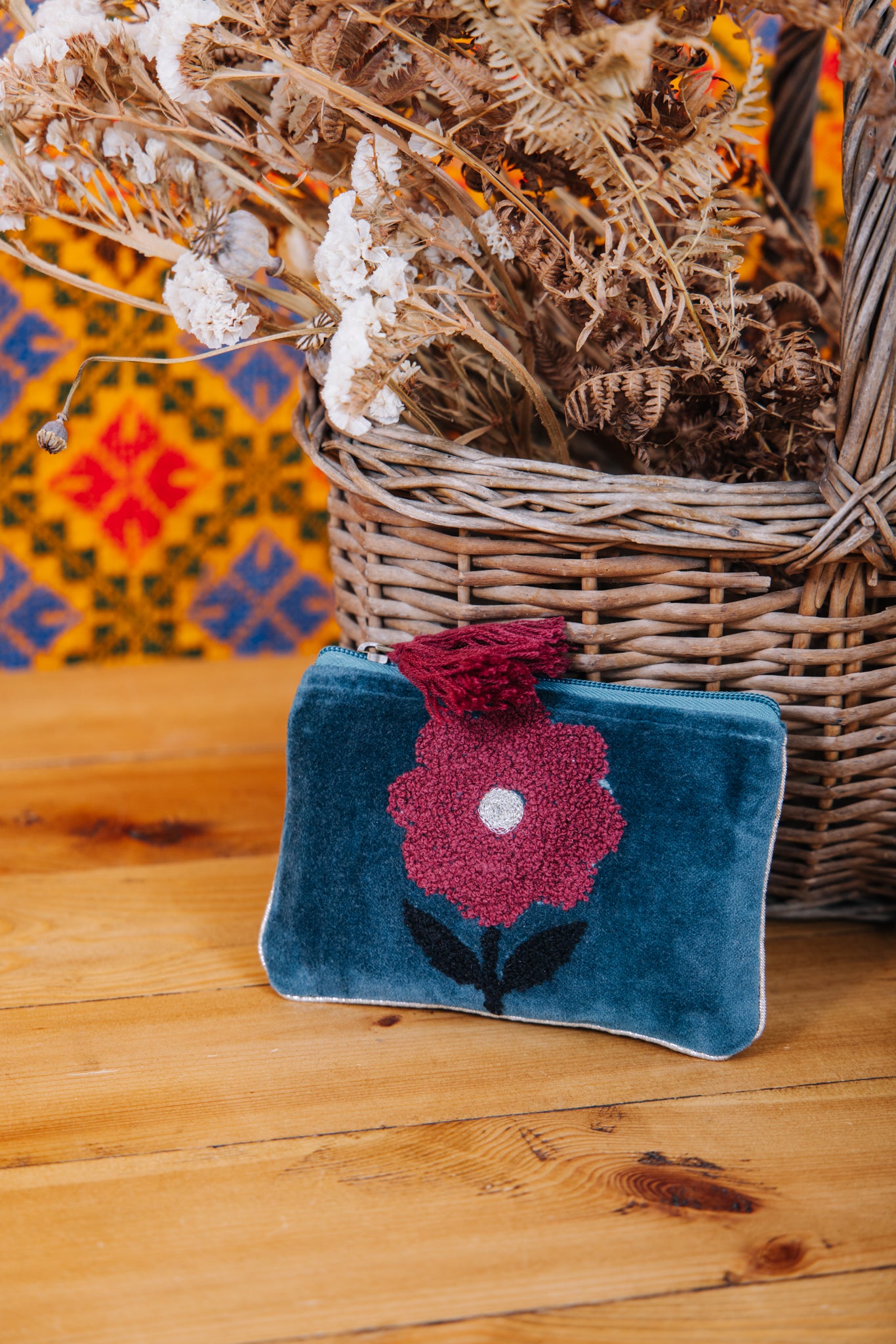 Velvet Single Flower Pouch in Teal