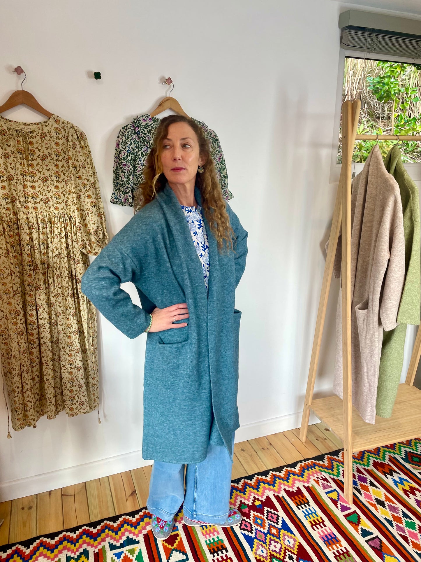 Soft Tweed Roll Collar Coatigan - Sea Blue