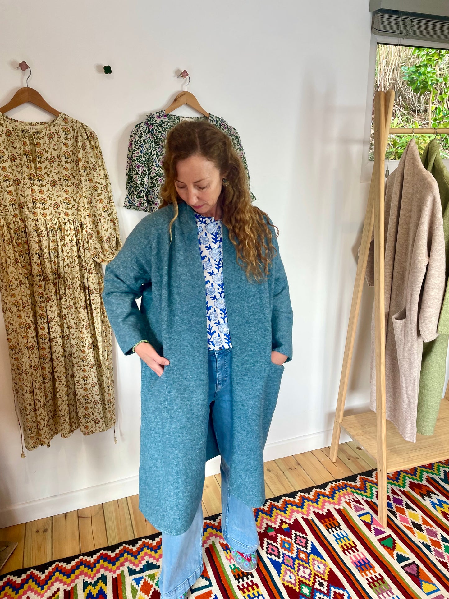 Soft Tweed Roll Collar Coatigan - Sea Blue