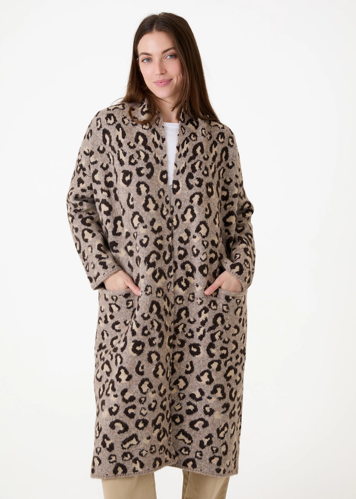 Soft Tweed Roll Collar Coatigan - Leopard Jacquard