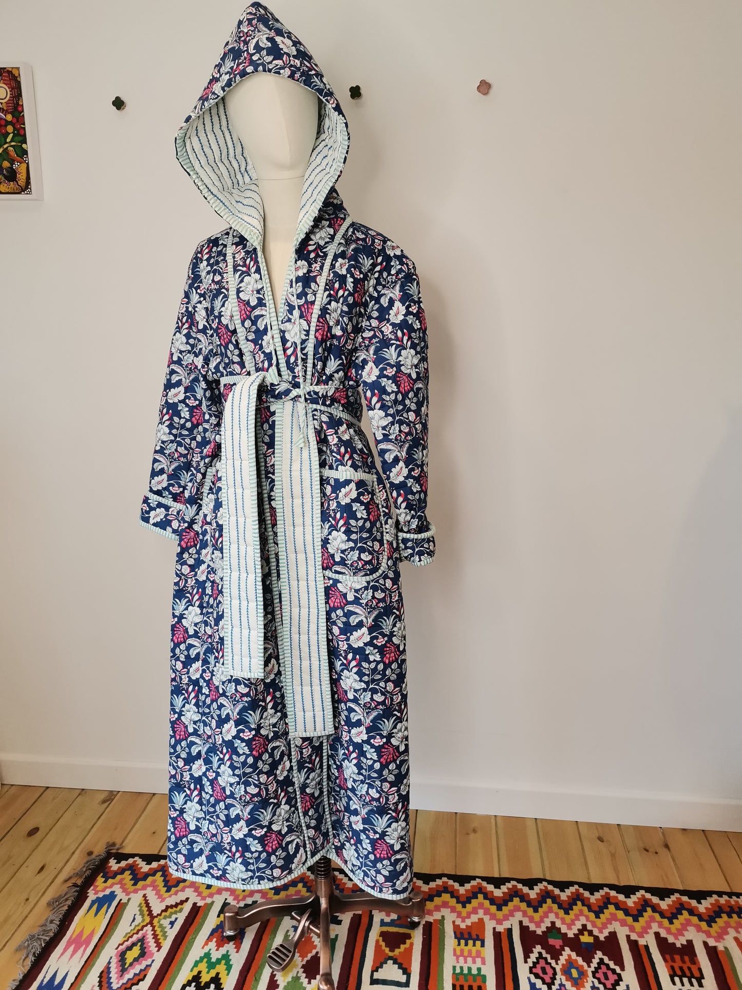 Reversible Hooded Quilted Dressing Gown Sample - Blue & Pink Floral/Stripe