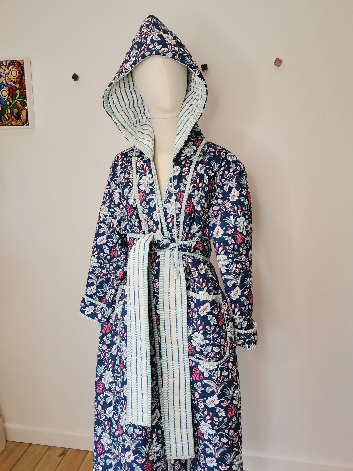 Reversible Hooded Quilted Dressing Gown Sample - Blue & Pink Floral/Stripe