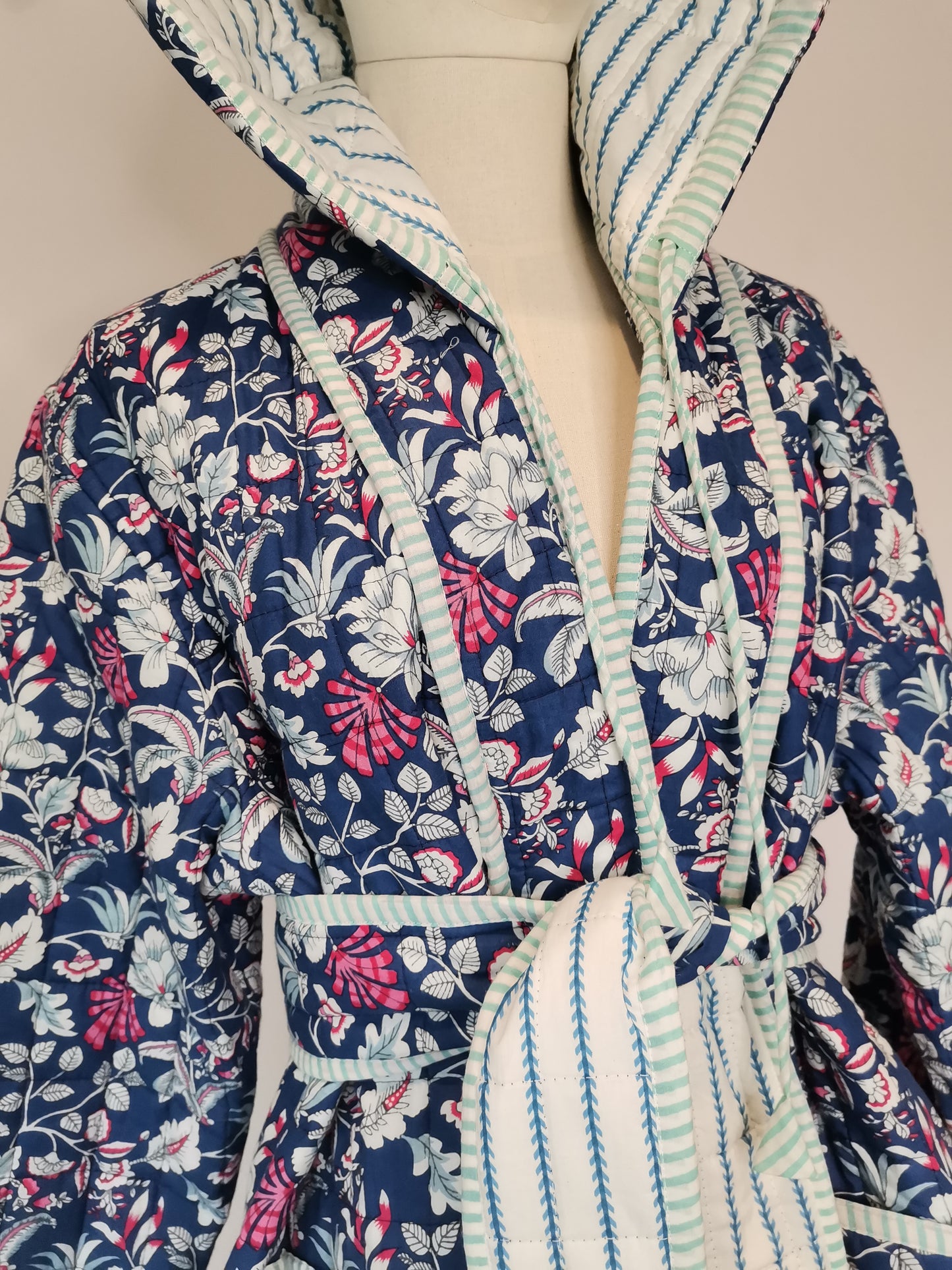 Reversible Hooded Quilted Dressing Gown Sample - Blue & Pink Floral/Stripe