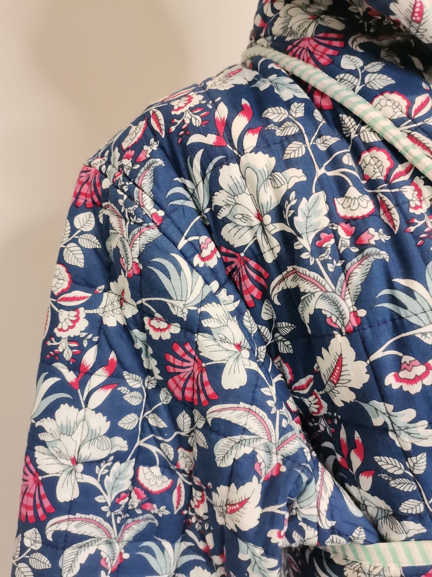 Reversible Hooded Quilted Dressing Gown Sample - Blue & Pink Floral/Stripe