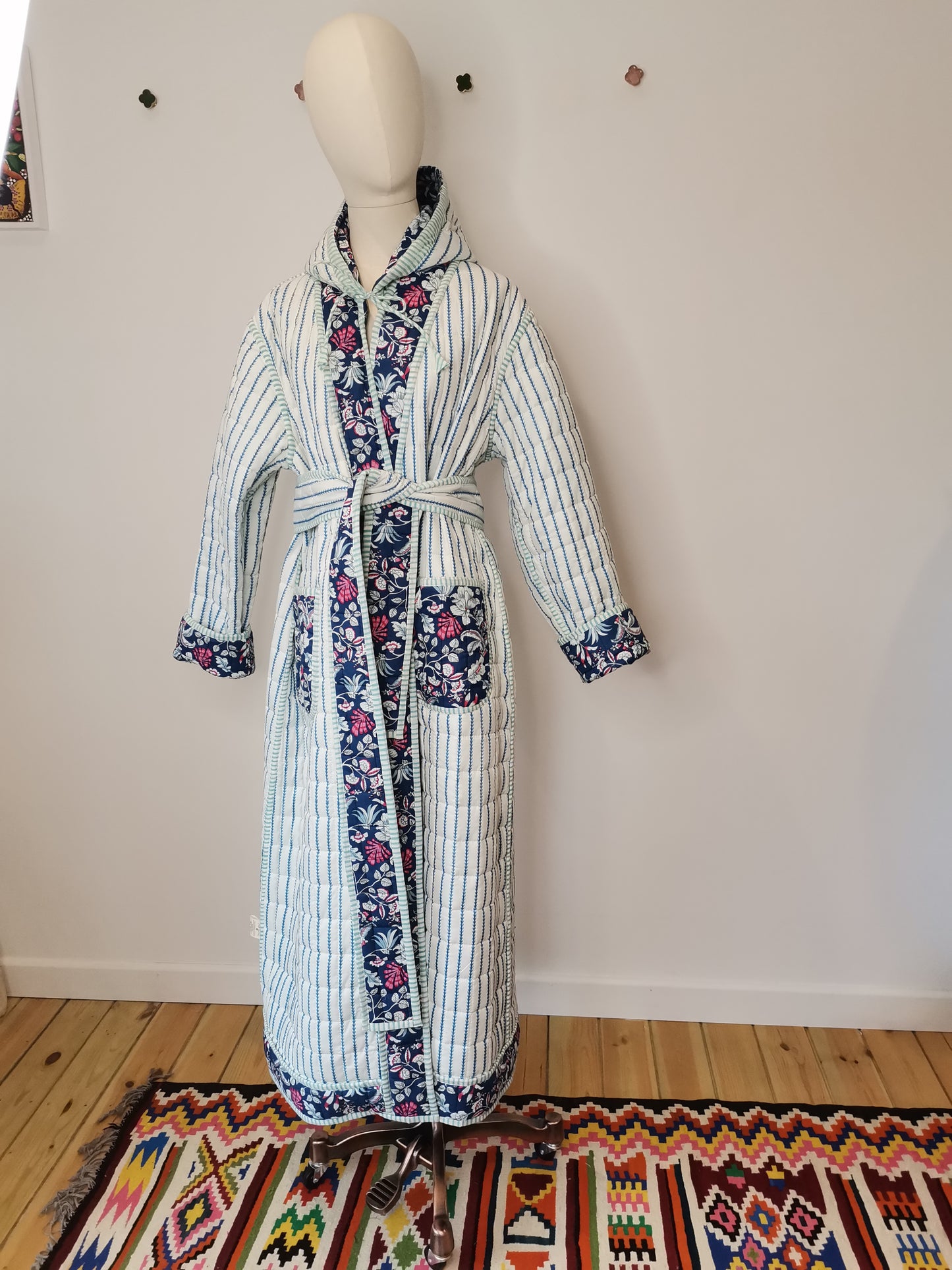 Reversible Hooded Quilted Dressing Gown Sample - Blue & Pink Floral/Stripe