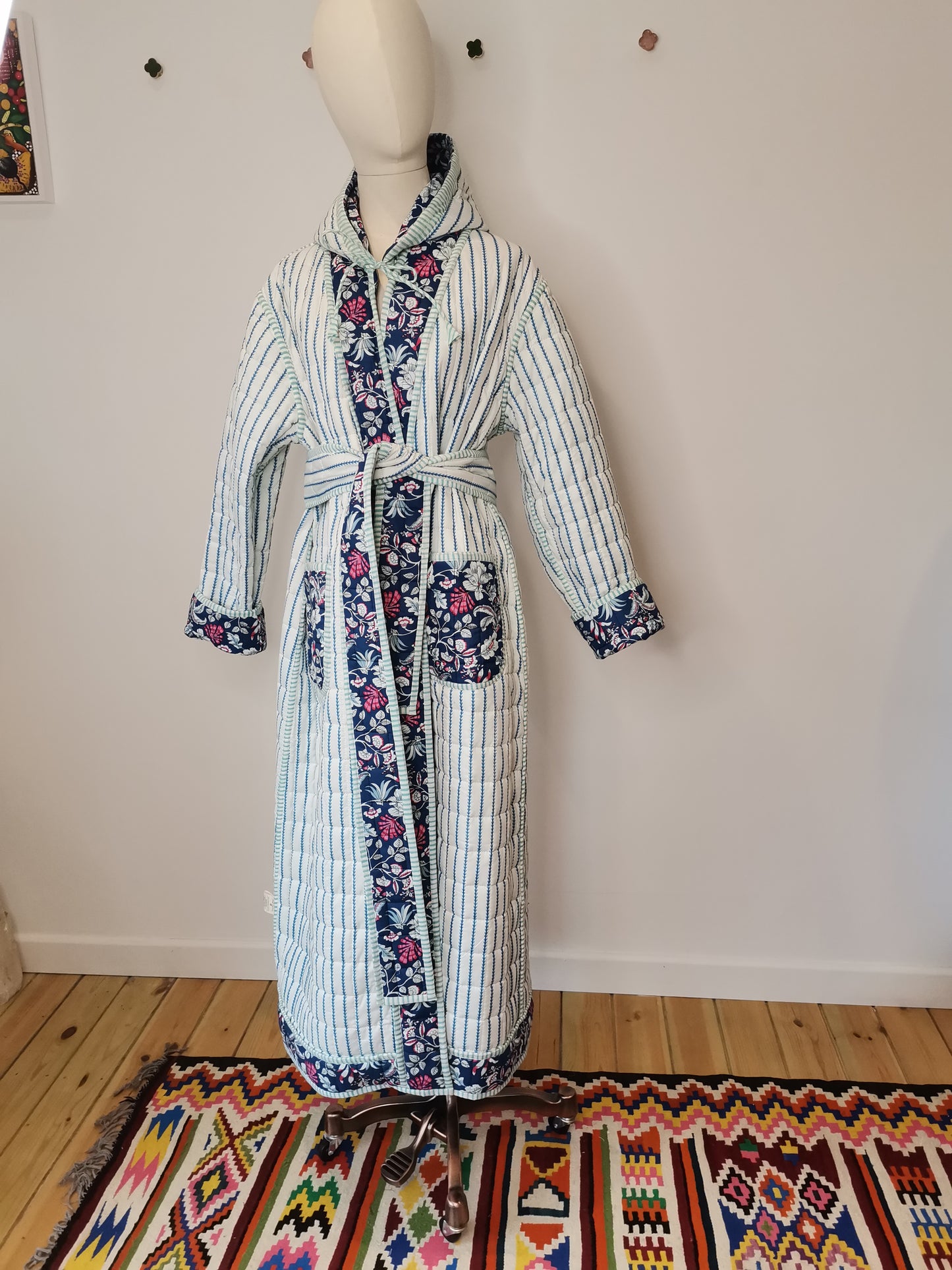 Reversible Hooded Quilted Dressing Gown Sample - Blue & Pink Floral/Stripe