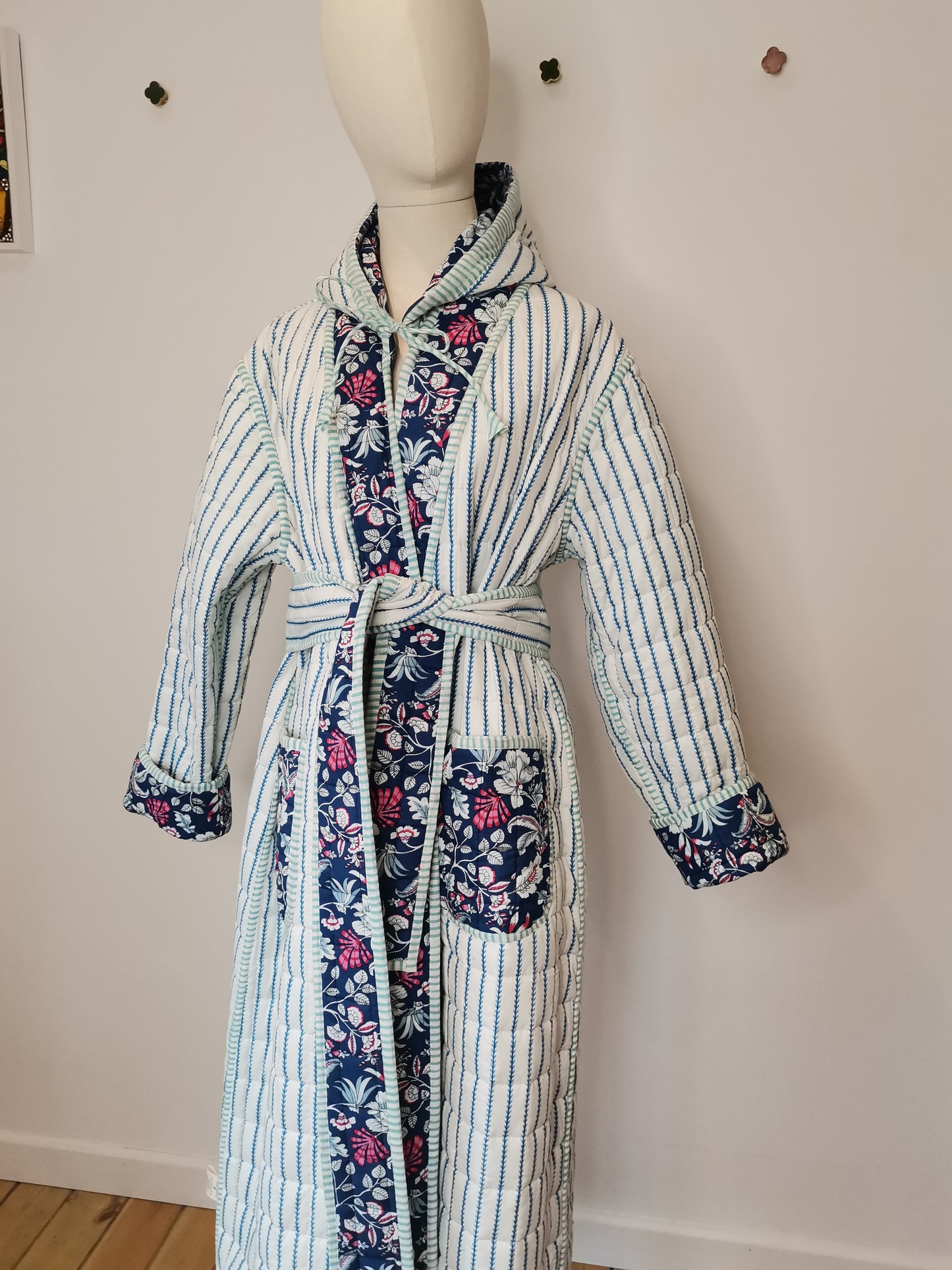 Reversible Hooded Quilted Dressing Gown Sample - Blue & Pink Floral/Stripe