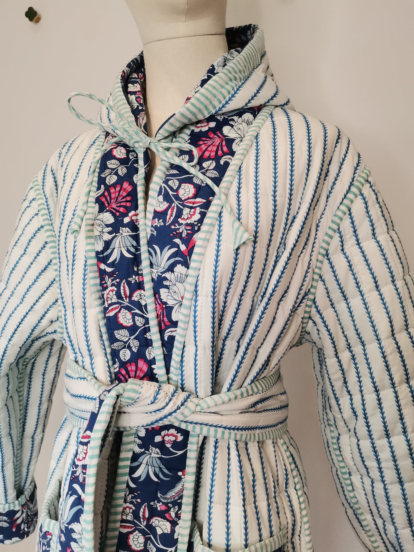 Reversible Hooded Quilted Dressing Gown Sample - Blue & Pink Floral/Stripe