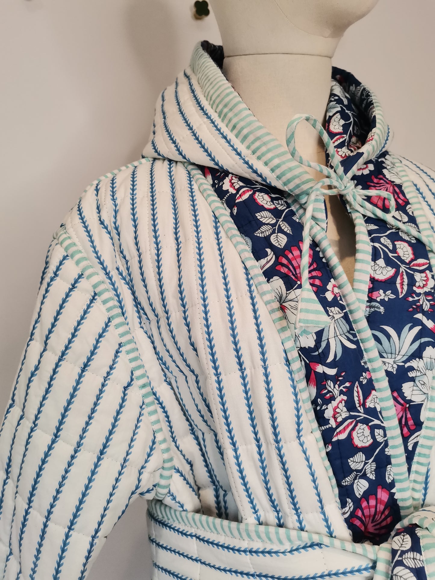 Reversible Hooded Quilted Dressing Gown Sample - Blue & Pink Floral/Stripe