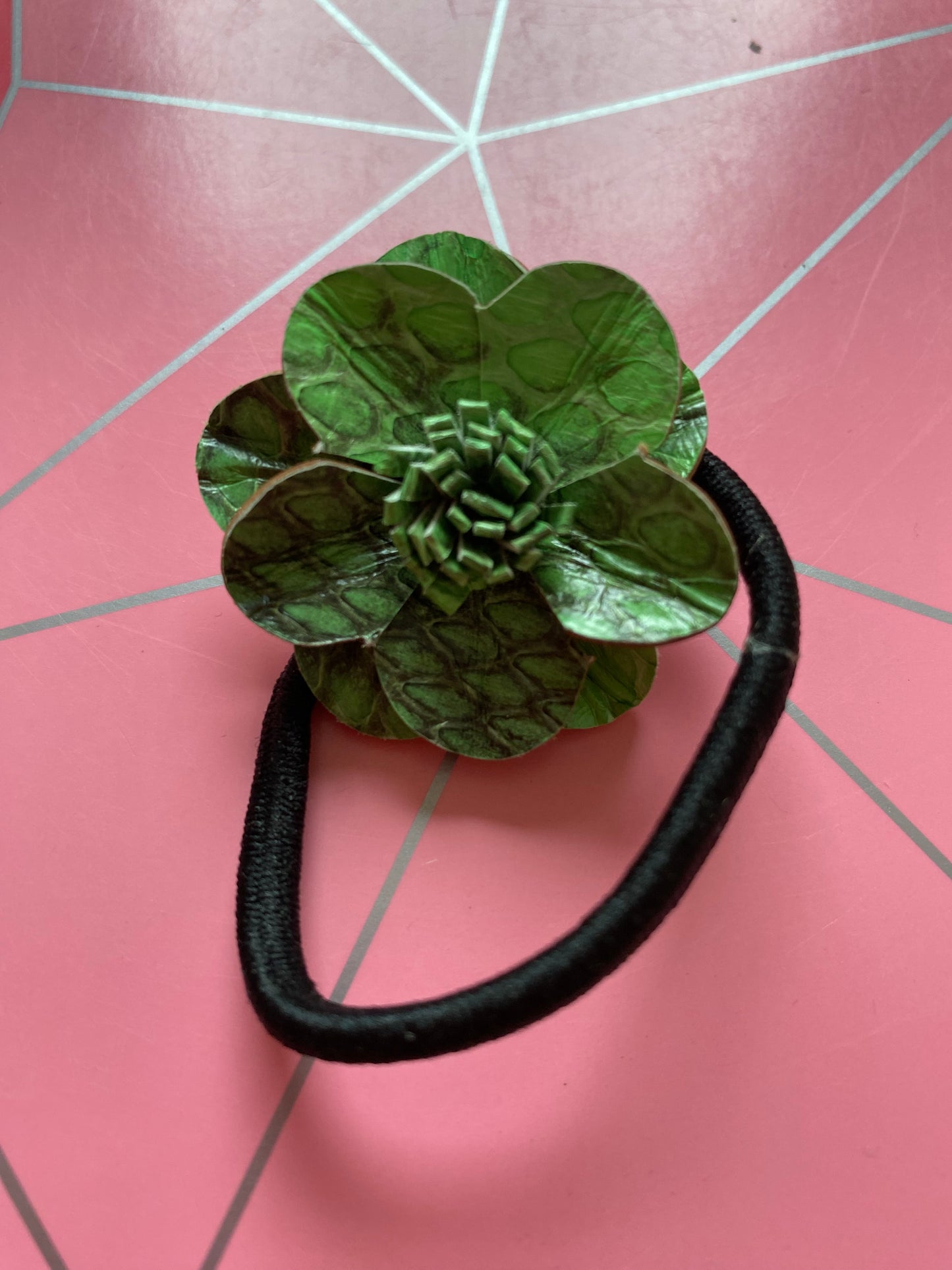 Leather Flower Hair Bobble - Green (HRC 099)