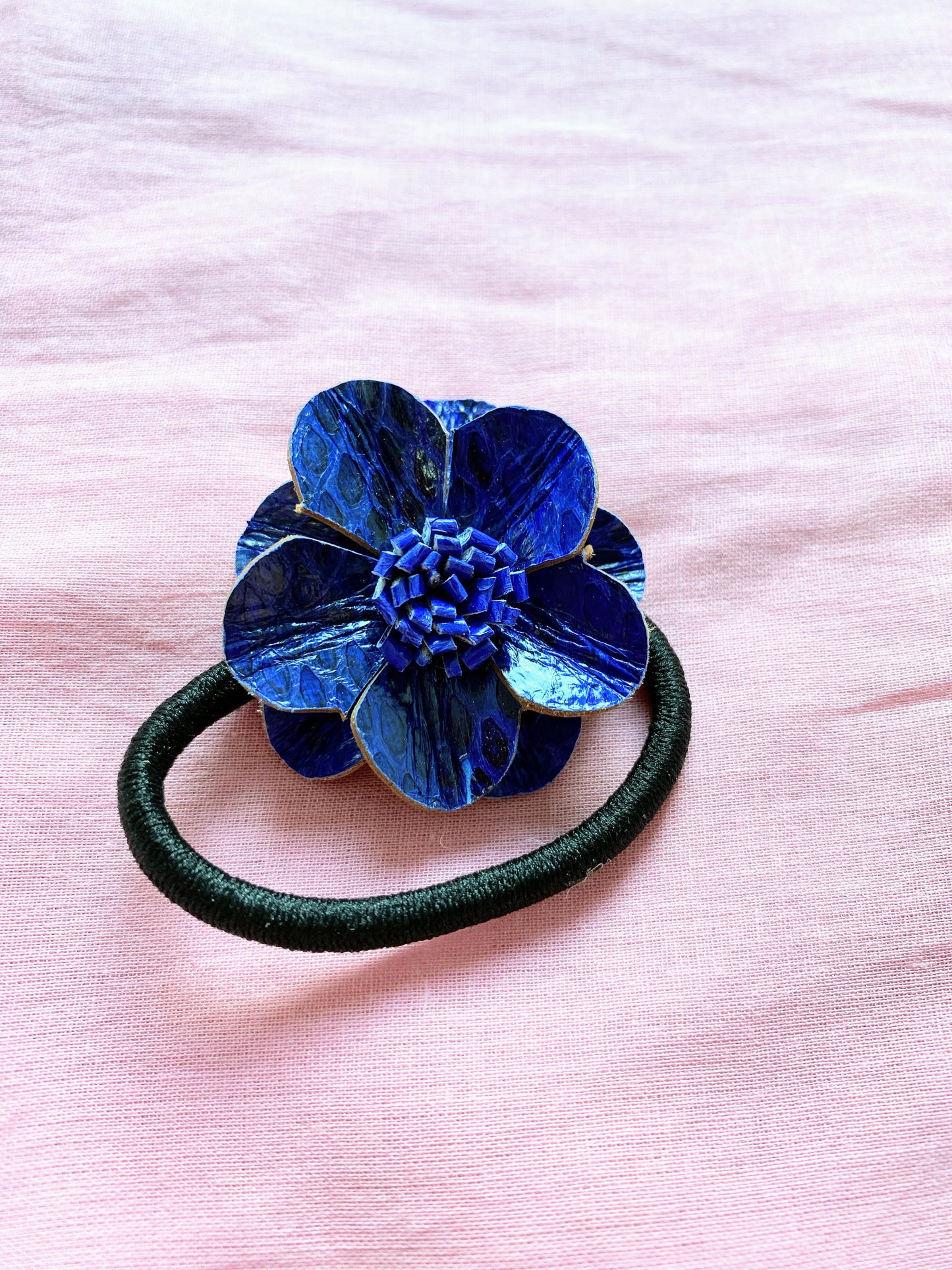 Leather Flower Hair Bobble - Blue (HRC 100)