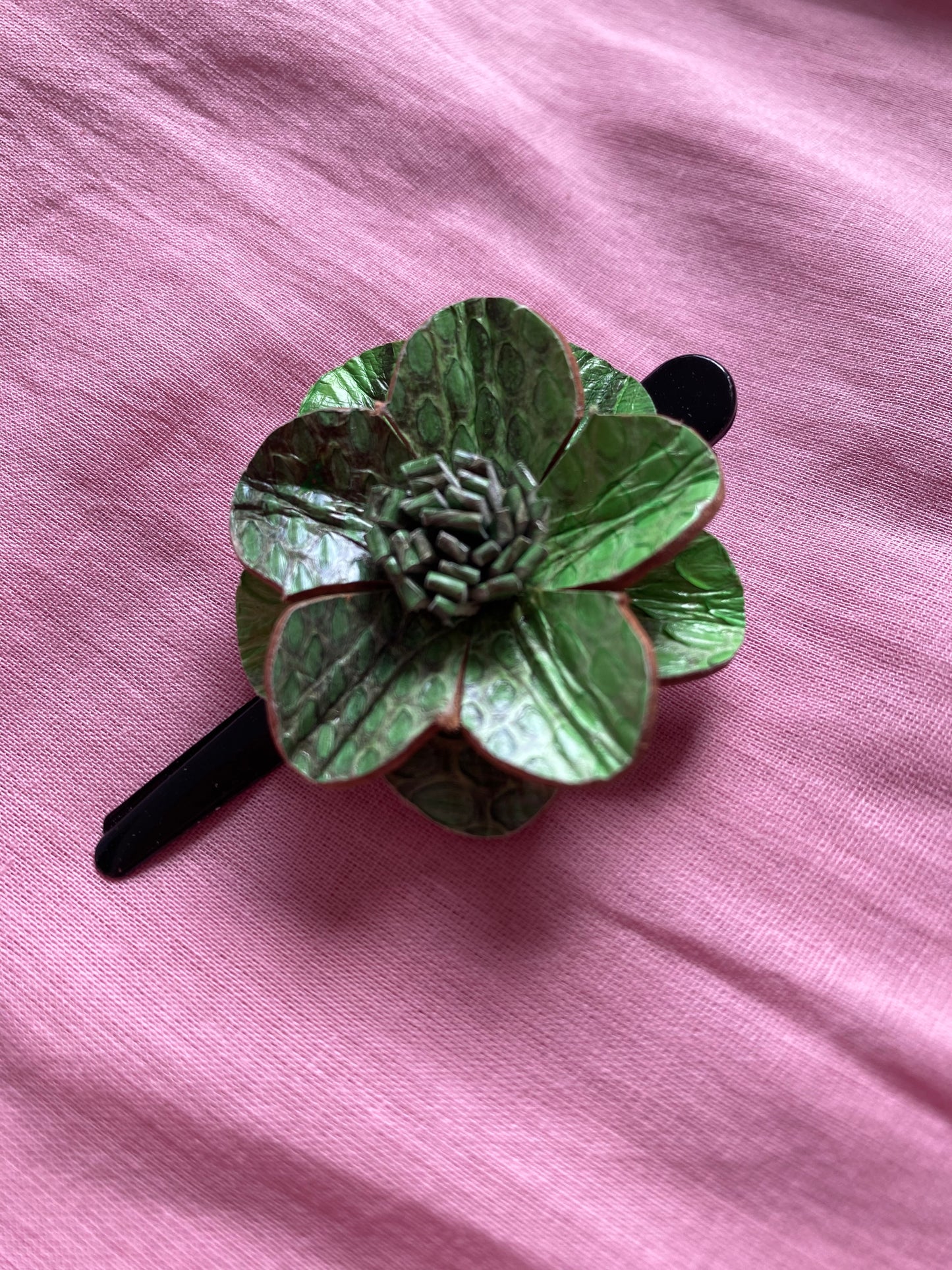 Leather Flower Hair Clip - Green  (HRC 103)