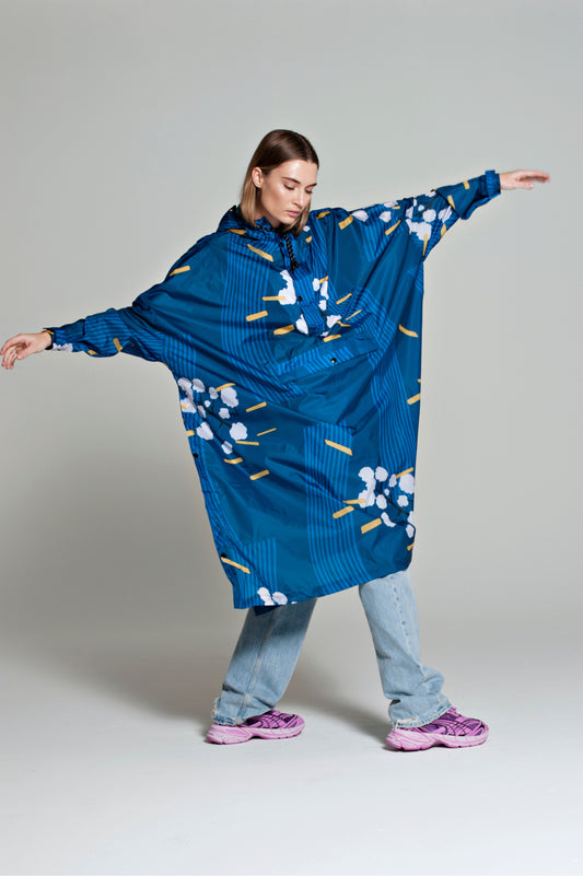 Japanese Blossom - Rain Poncho Blue