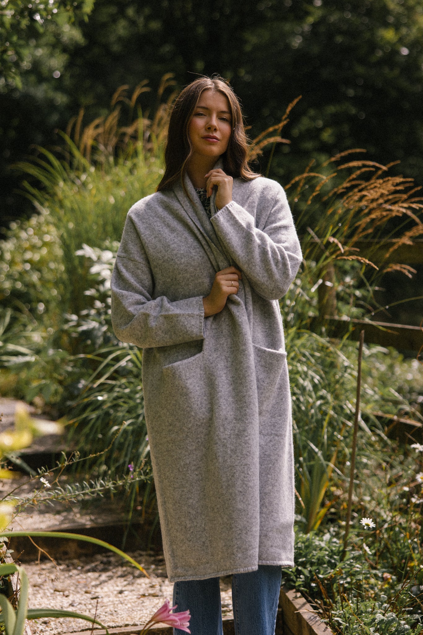 Soft Tweed Roll Collar Coatigan - Silver
