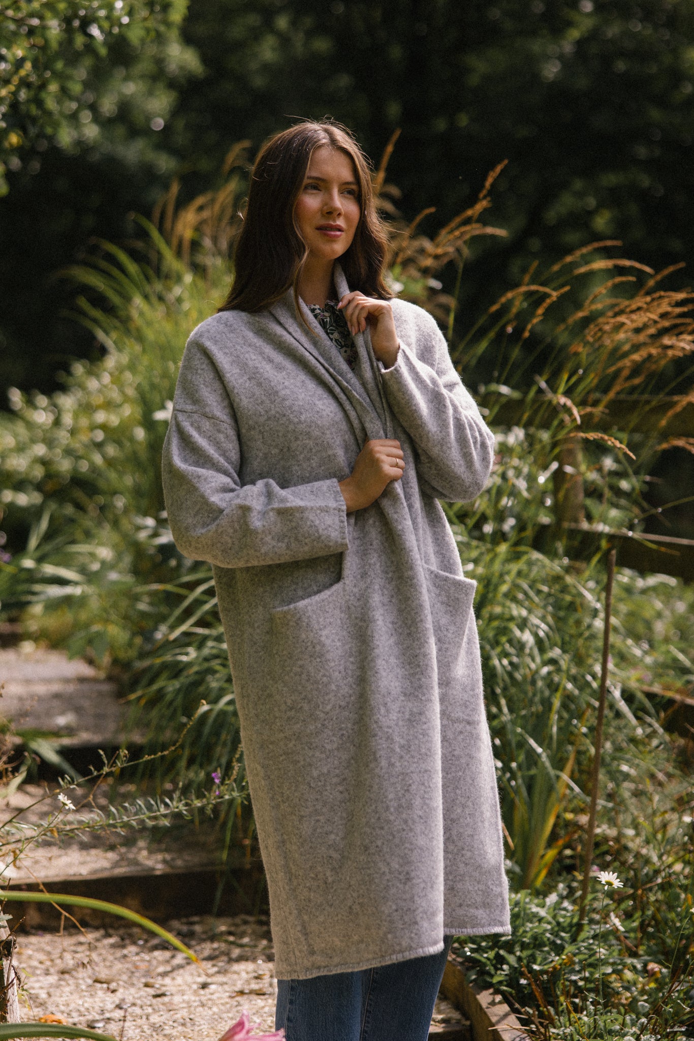 Soft Tweed Roll Collar Coatigan - Silver