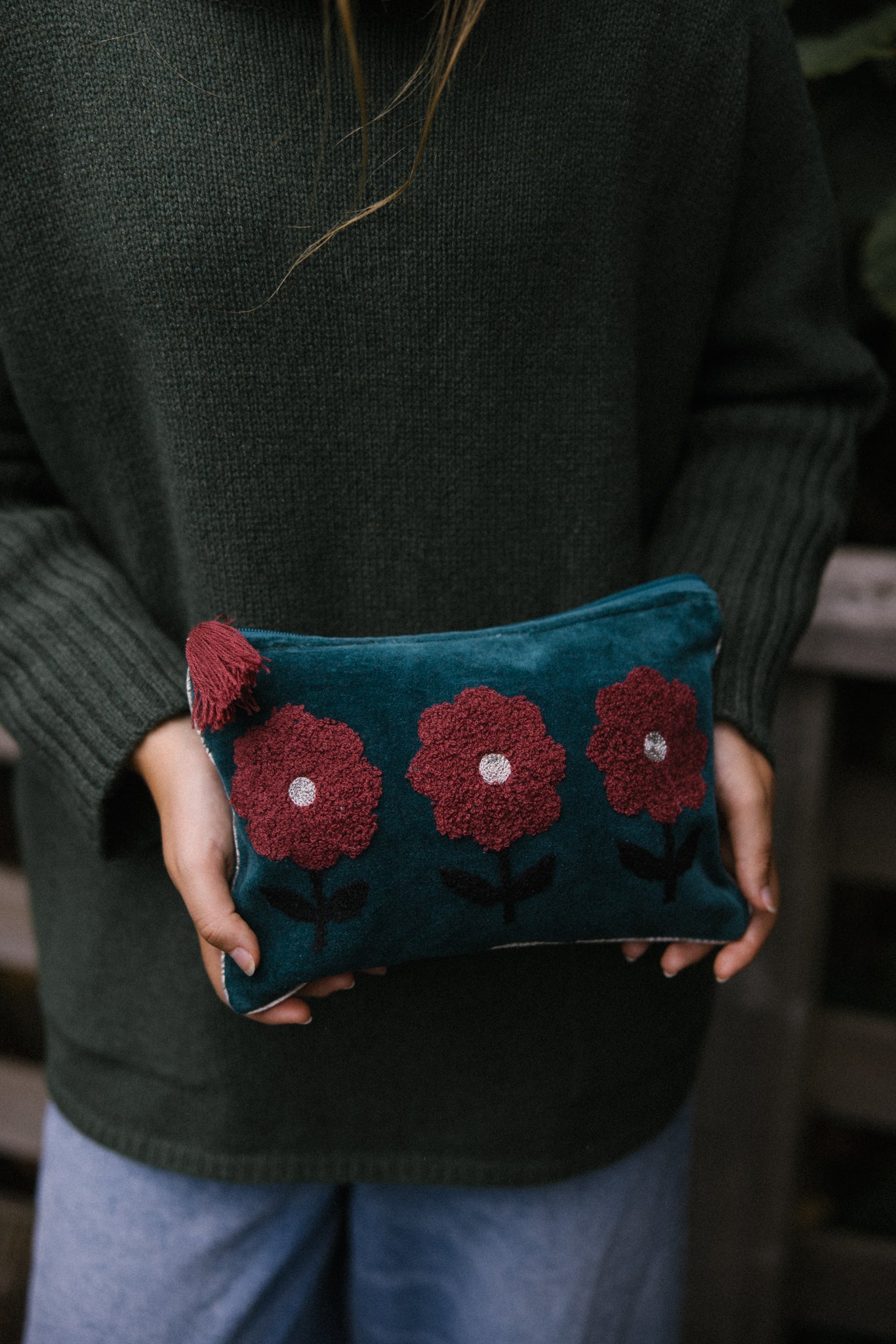 Velvet Triple Flower Pouch in Teal