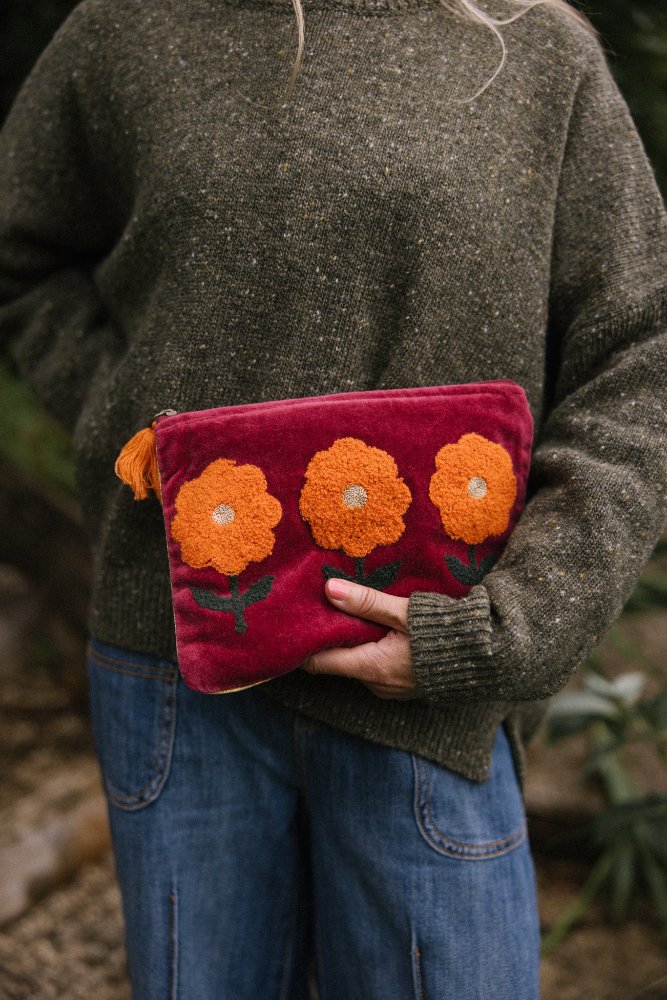 Velvet Triple Flower Pouch in Burgundy