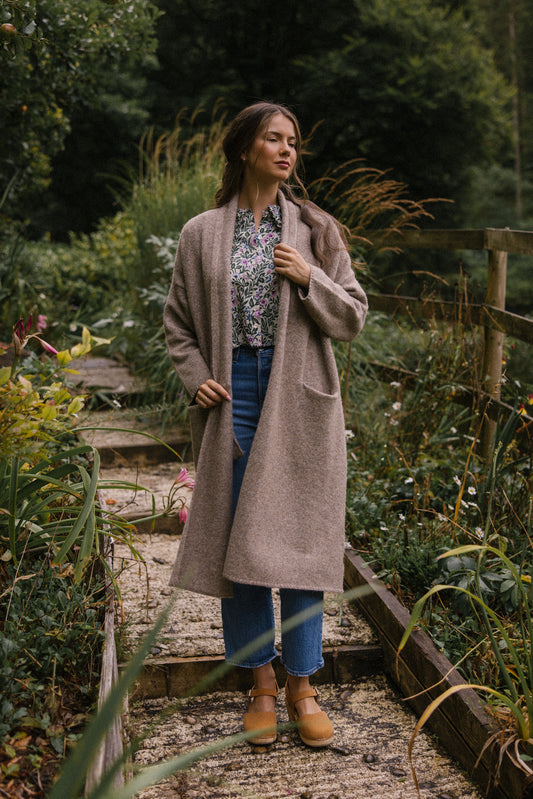 Soft Tweed Roll Collar Coatigan - Mink