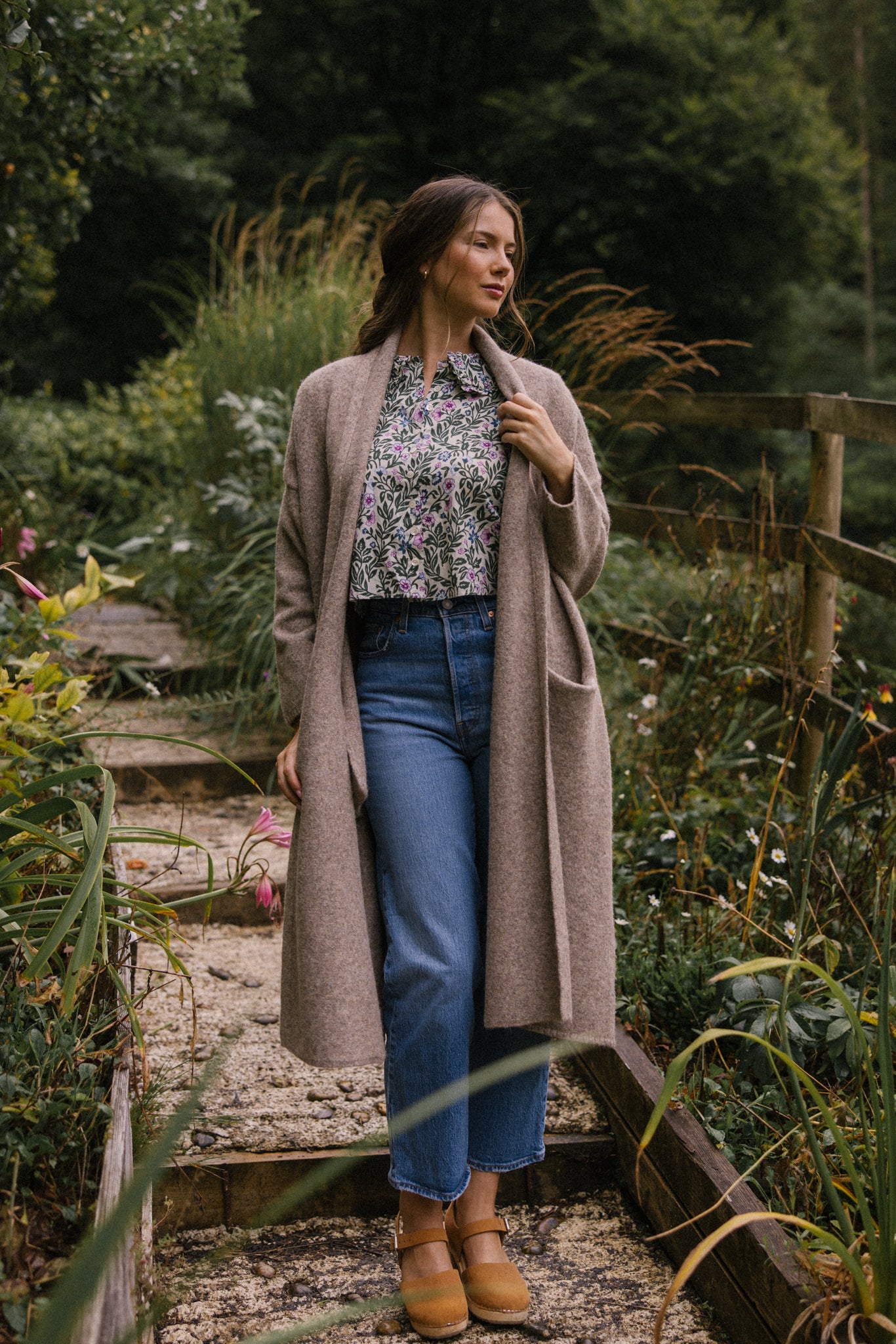 Soft Tweed Roll Collar Coatigan - Mink