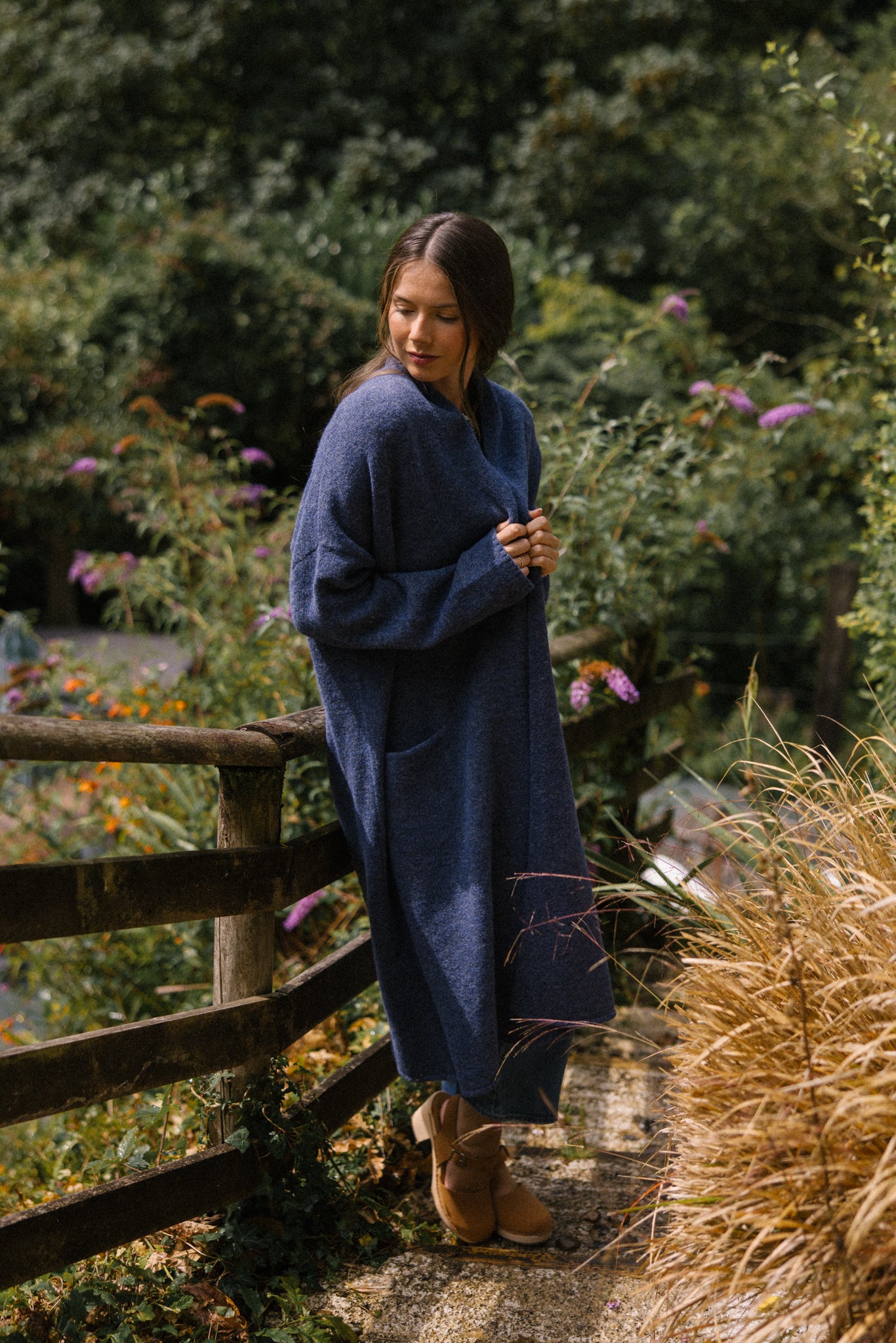 Soft Tweed Roll Collar Coatigan - Denim