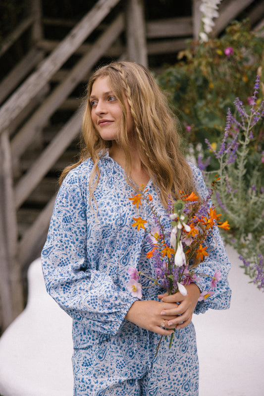 Long Sleeve Cotton Blouse - Blue Paisley