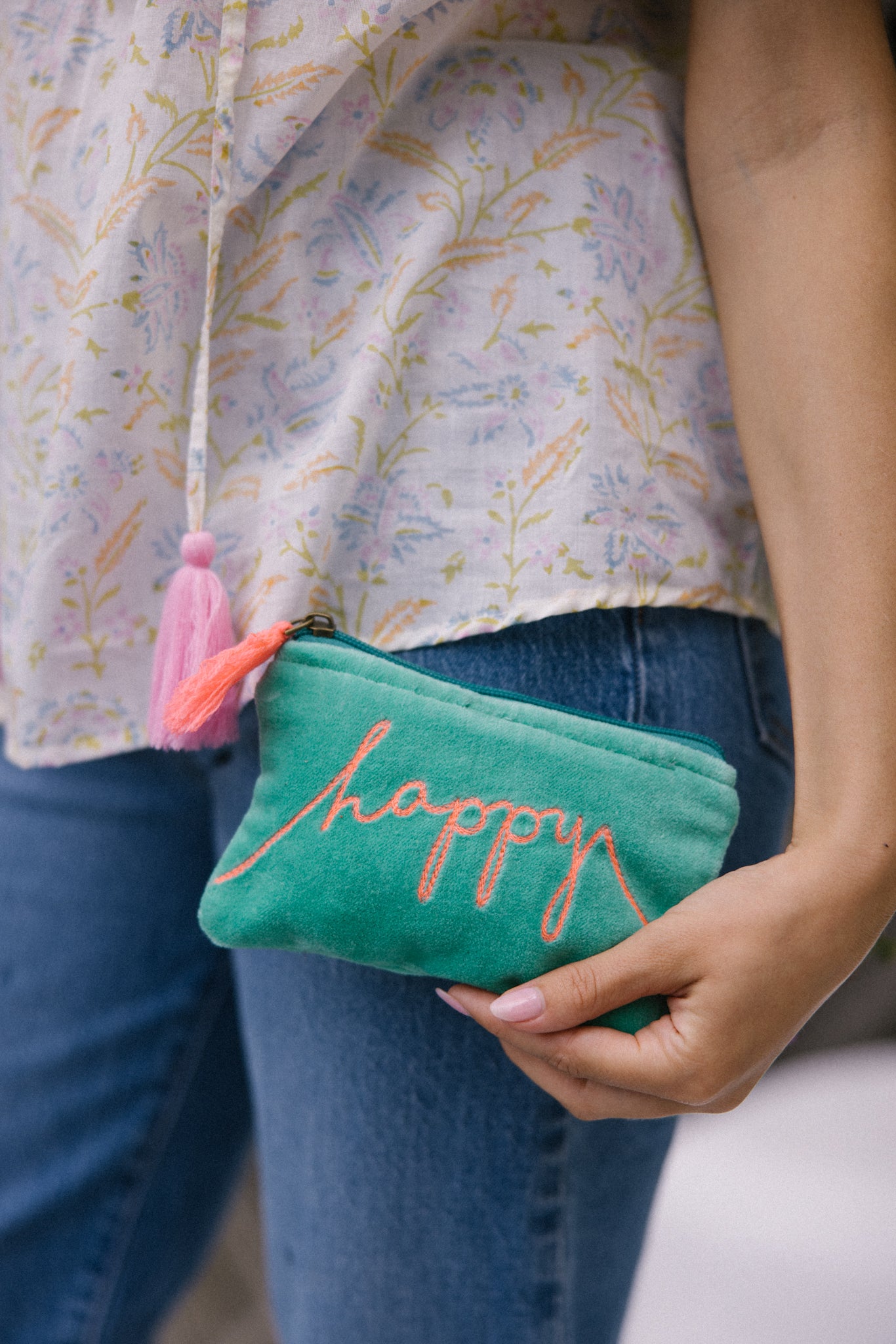 Velvet Happy Pouch -Mint & Pink