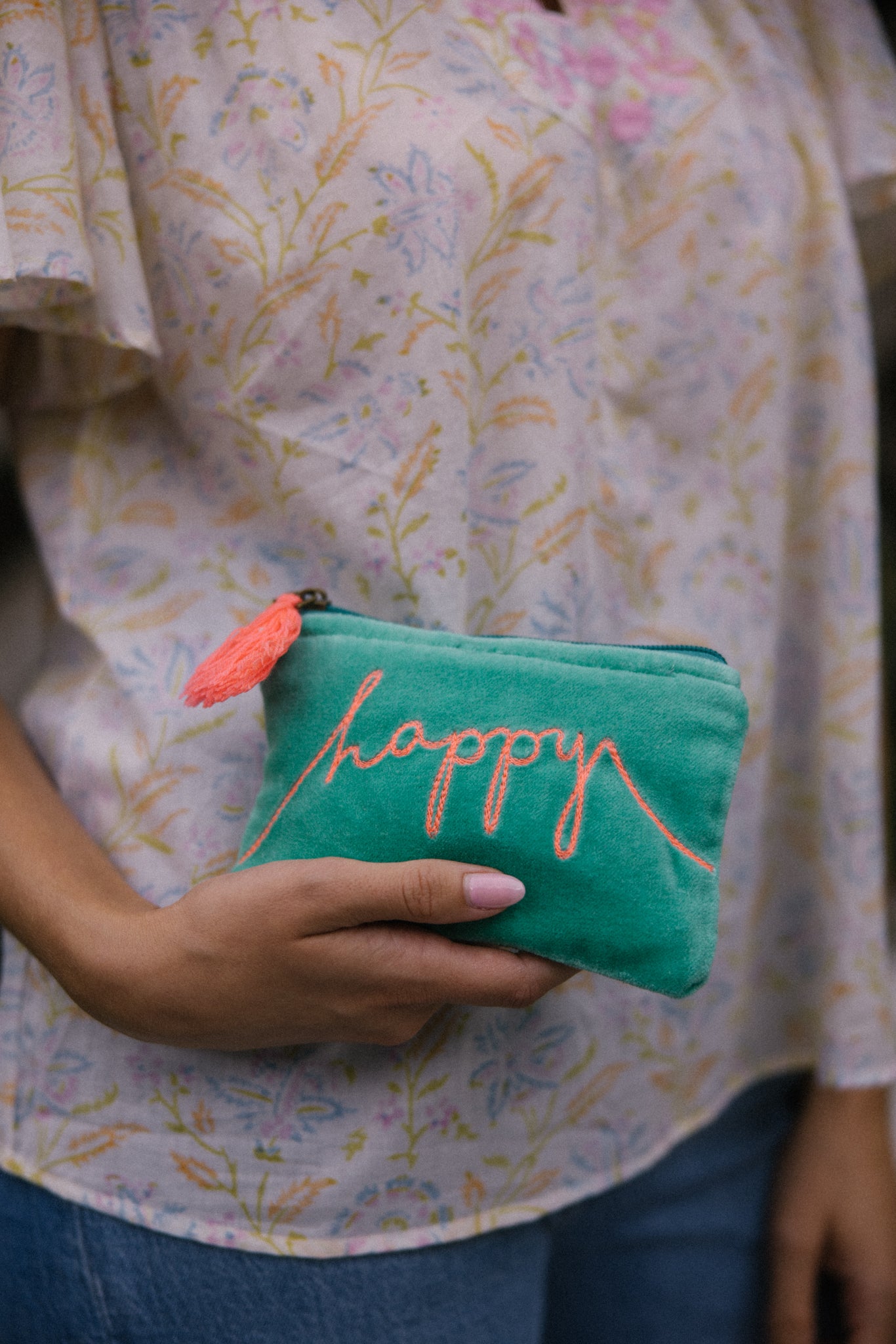 Velvet Happy Pouch -Mint & Pink