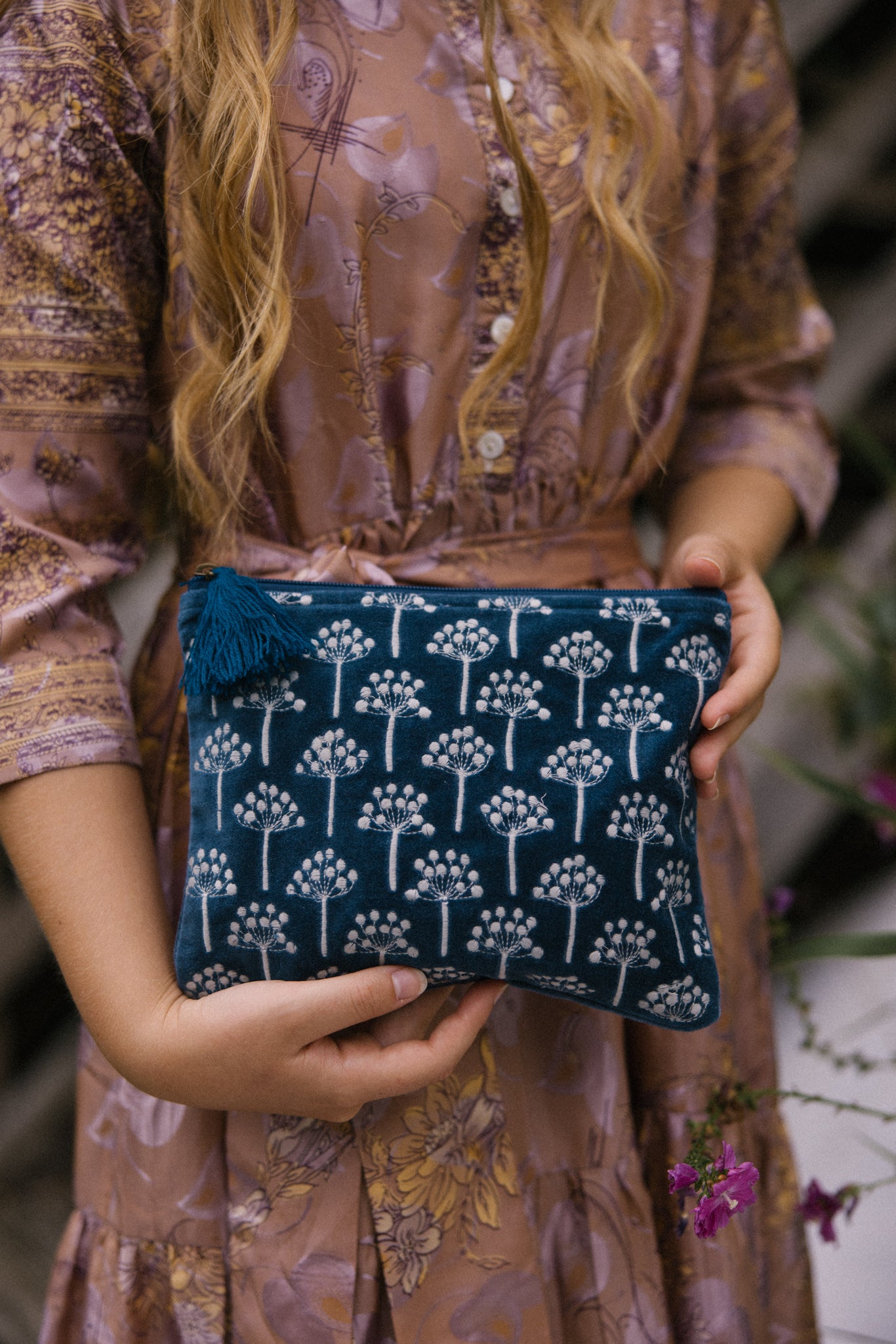 Velvet Thistle Pouch in Navy & Silver