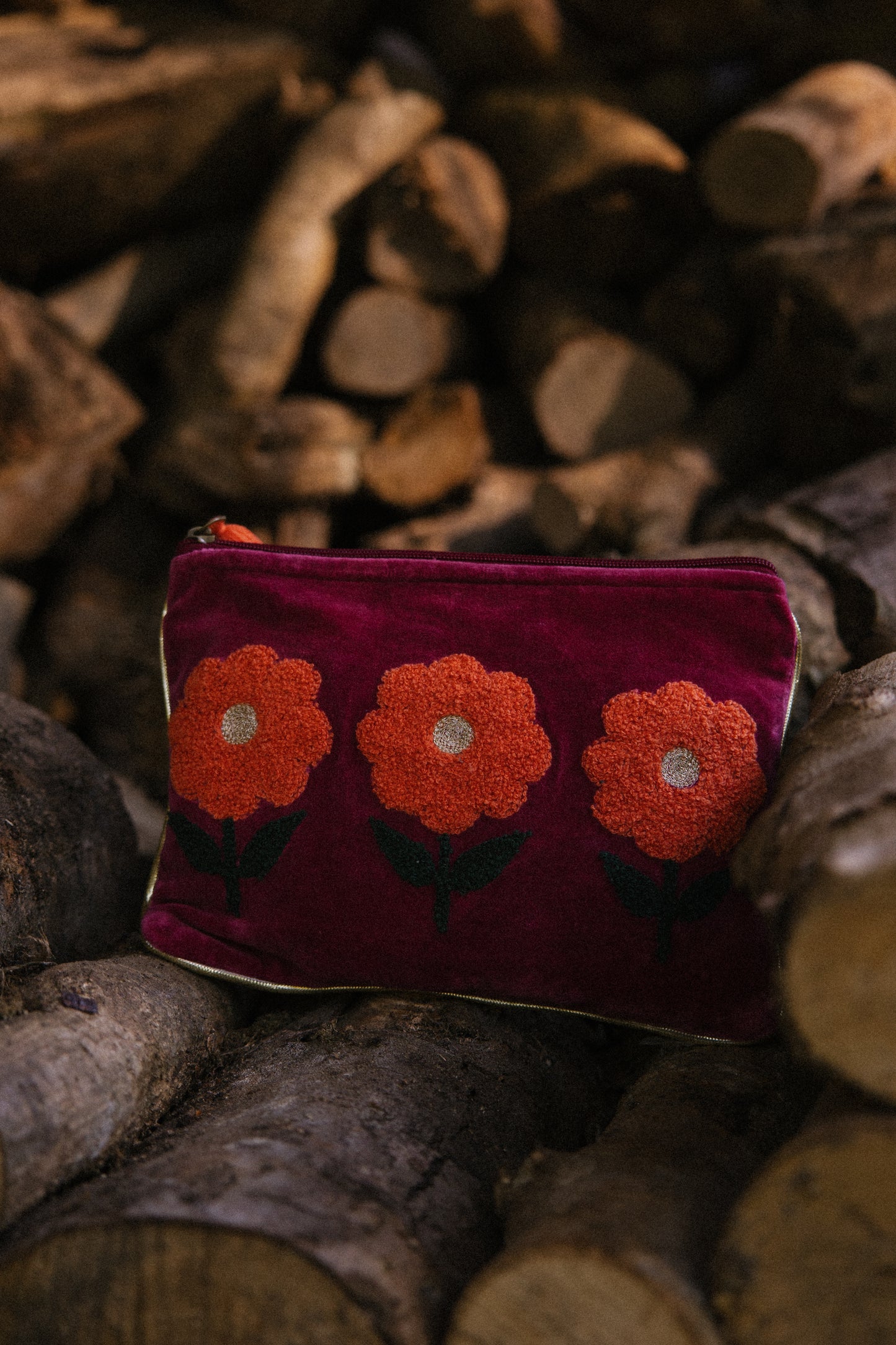 Velvet Triple Flower Pouch in Burgundy