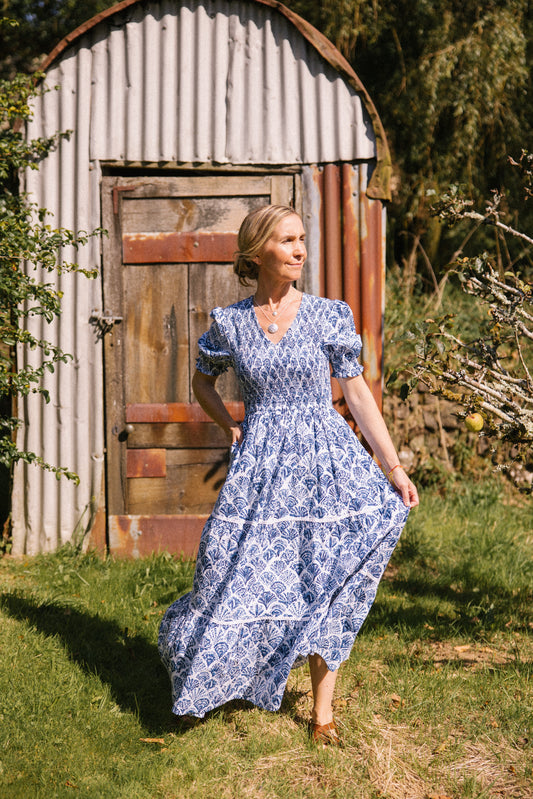 Sea Shell V-Neck Smock Dress - Blue