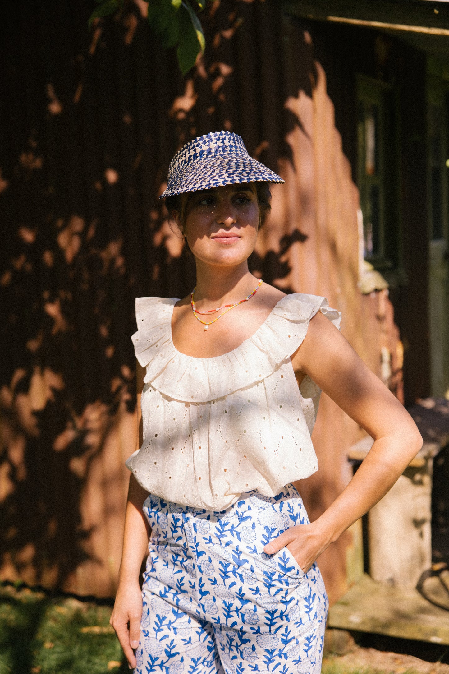 Raffia Sun Visor in Navy