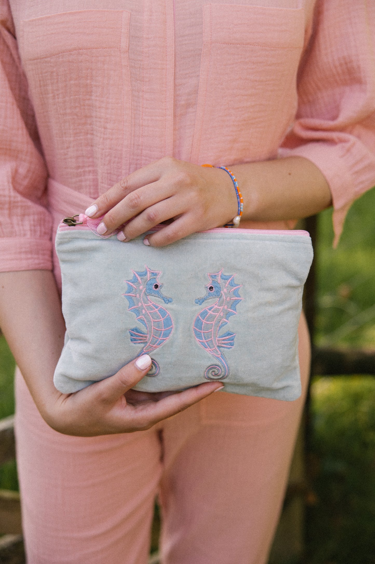 Velvet Seahorse Pouch in Aqua & Pink