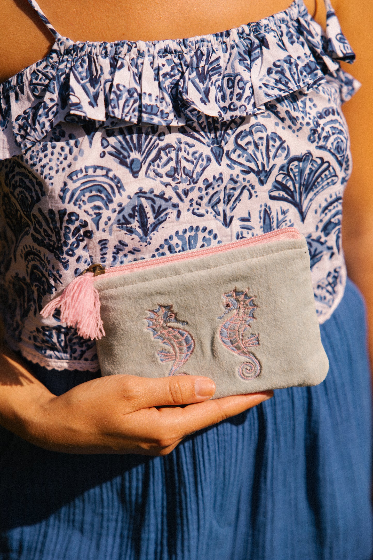 Velvet Seahorse Pouch in Aqua & Pink