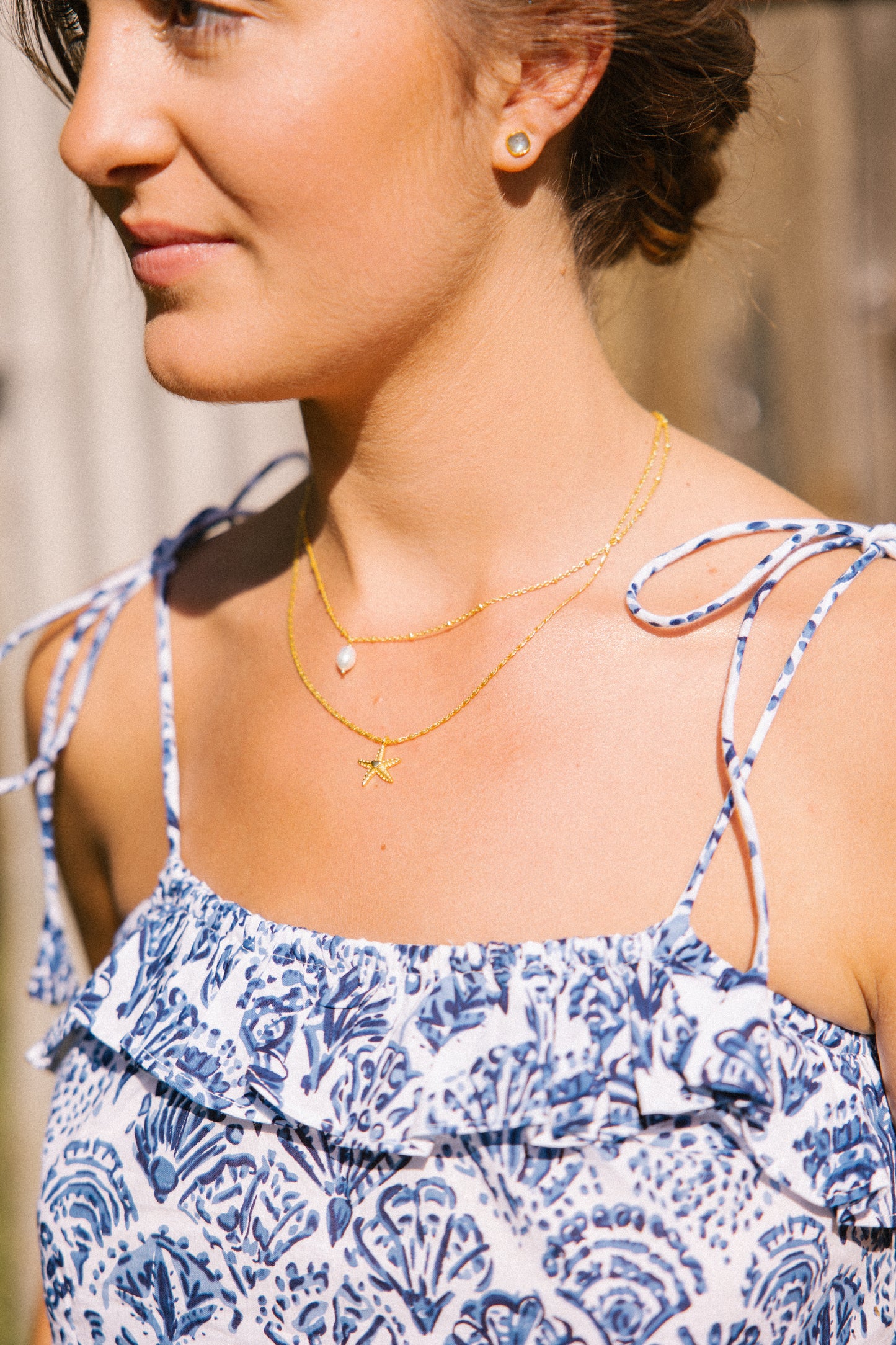 Star Fish & Pearl Charm Necklace - Gold