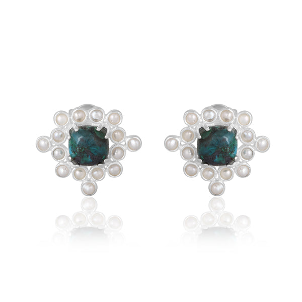 Chrysocolla Cabushion Cushion Pearl Stud Earring - Silver