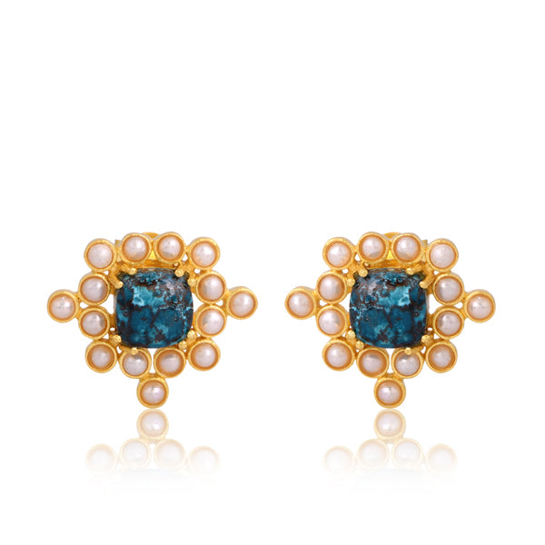 Chrysocolla Cabushion Cushion Pearl Stud Earrings - Gold
