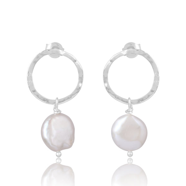 Open Circle Silver Stud Earrings with Pearl Drop