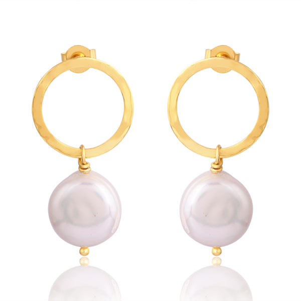 Open Circle Gold Stud Earrings with Pearl Drop