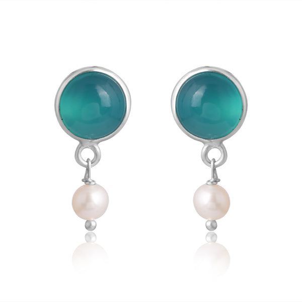 Pearl Drop Earrings Silver -Aqua Chalcedony