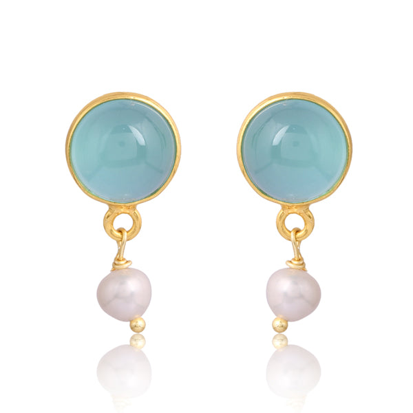 Pearl Drop Earrings Gold -Aqua Chalcedony