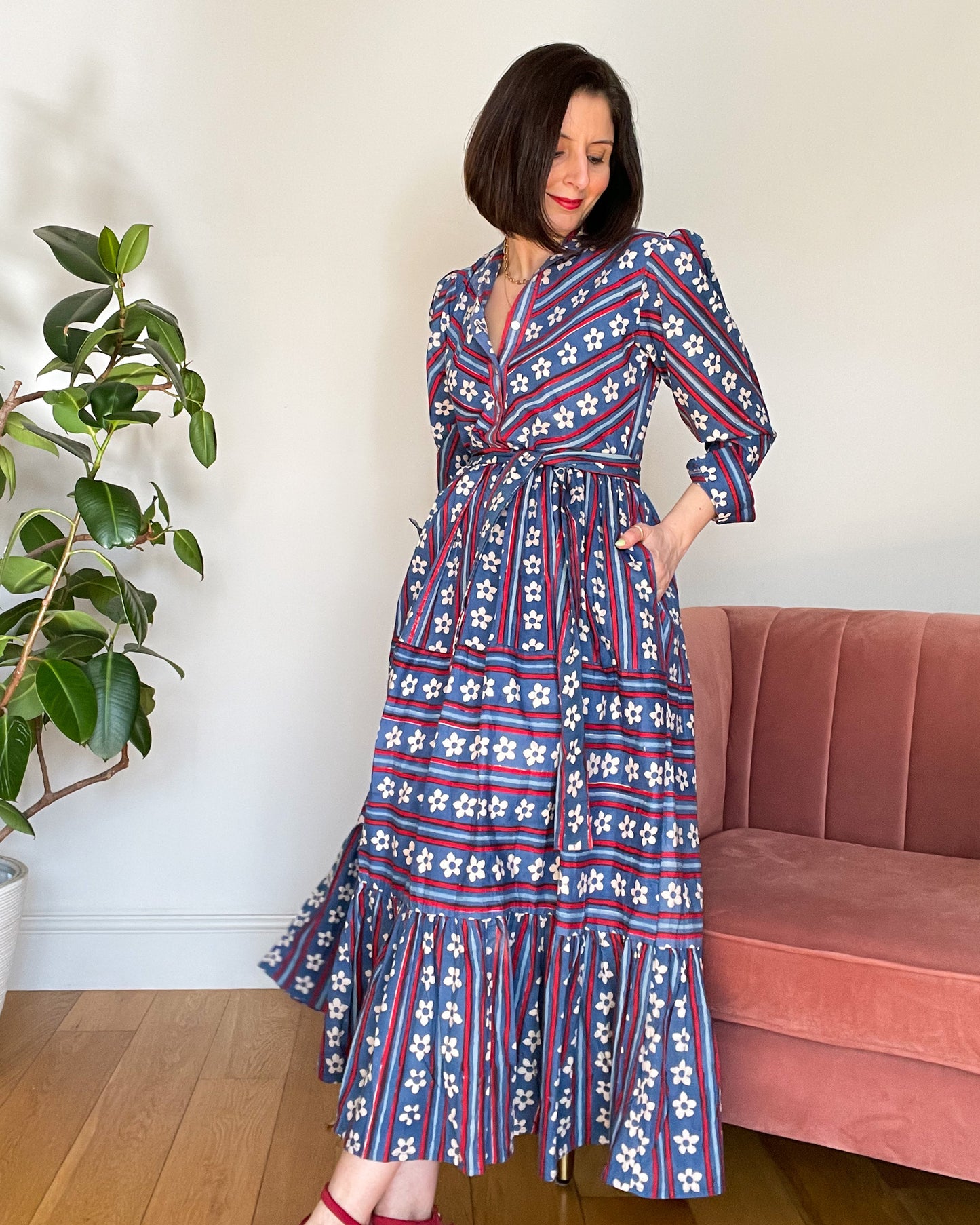 Victoria -Retro Stripe Dress in Blue
