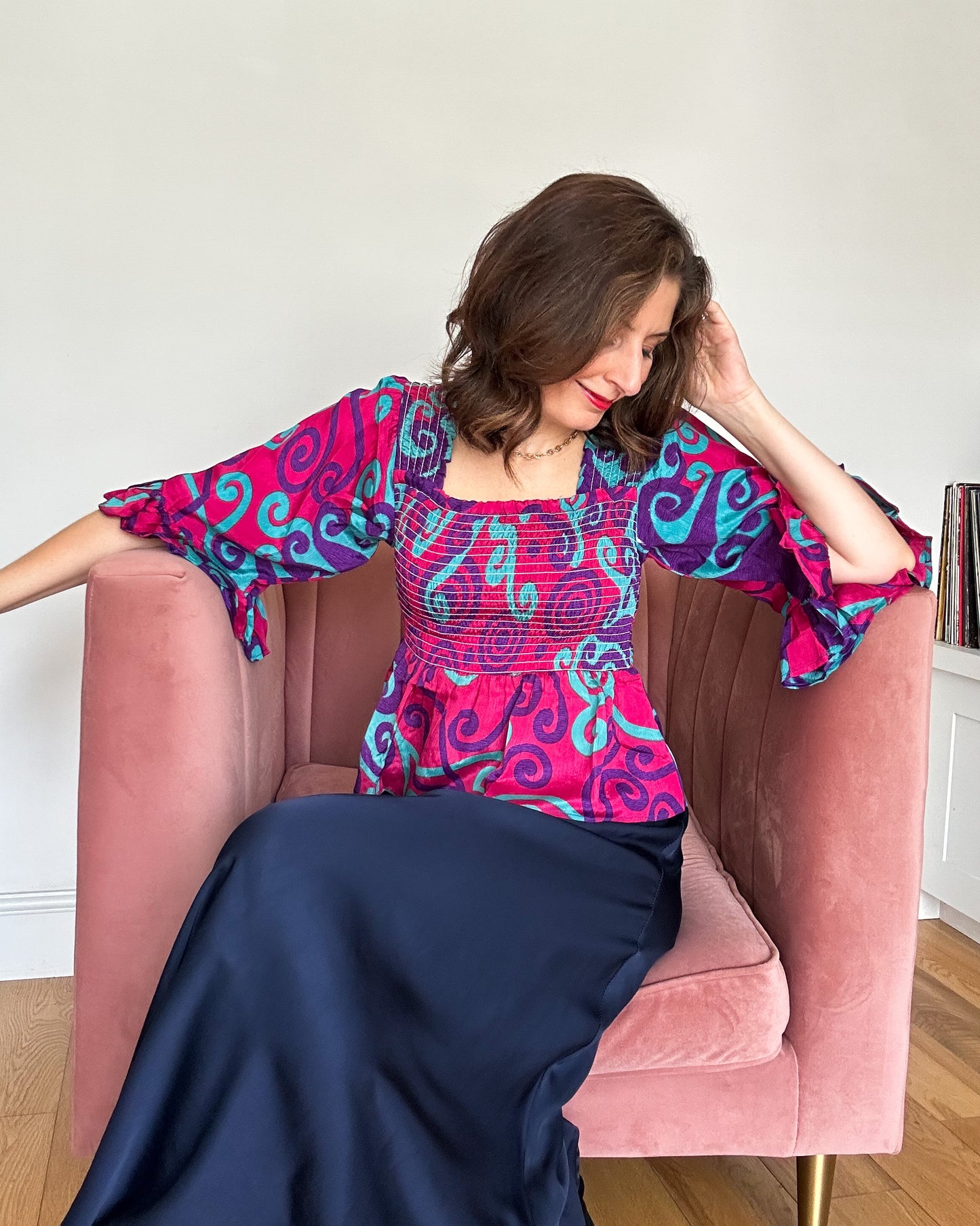 Joelyn Silk Smock Blouse - Pink Retro Print 044