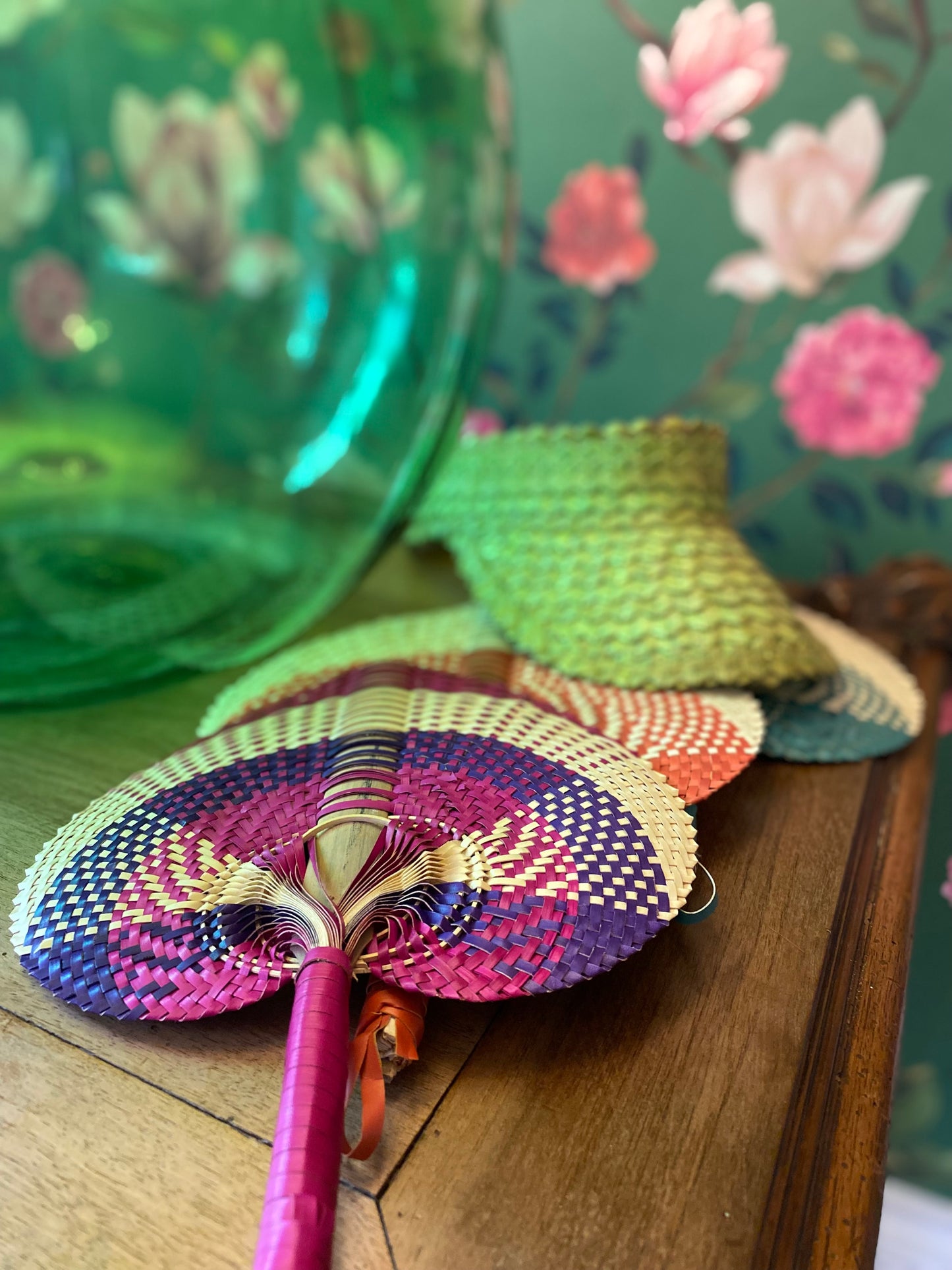 Raffia Hand Fan in Pink/Orange (original style)
